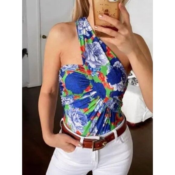 ZARA Blue & Green Floral one Shoulder Asymmetrical Bloggers Fav Bodysuit, Medium - Picture 1 of 7